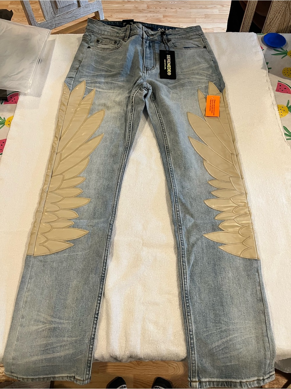 Light Blue Straight Jeans with Tan Wing Panels